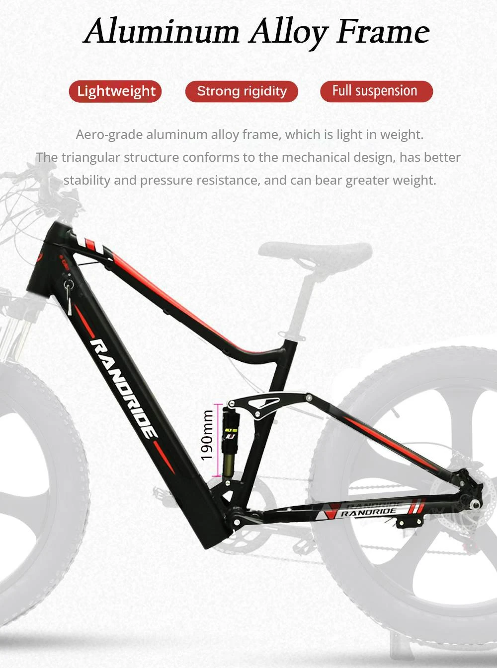 RANDRIDE YX90M Electric Bike, 26'' Fat Tire, 1000W Brushless Motor, 48V13.6Ah Battery, 45km/h Max Speed, 100km Range, LCD Display, SHIMANO Hydraulic Brake, Full Suspension Frame